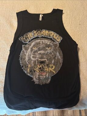 Black Graphic Side Slit Muscle Tank with Panther Print